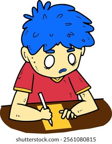 A blue hair boy is writing a letter on the table sitting on the desk