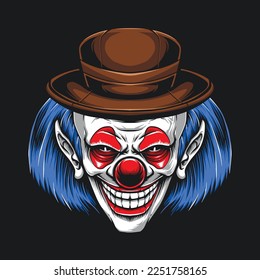 blue hair clown wearing hat illustration