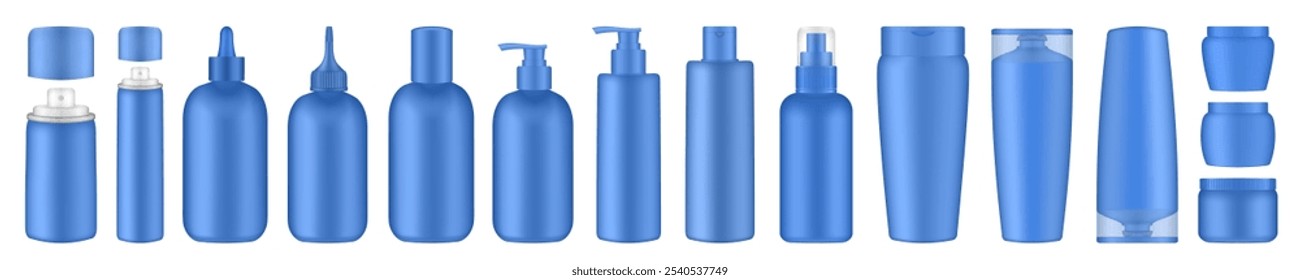 Botellas azules del tratamiento del pelo con la bomba, dispensador. Embalaje coreano. Champú, bálsamo, máscara. Aerosol para el cabello, contenedor, maqueta de aerosol. Apriete las botellas. Cuentagotas, apriete las botellas