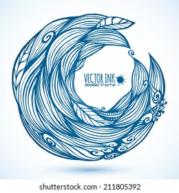 Blue hair waves doodle vector circle frame