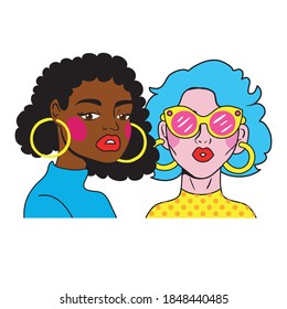 blue hair woman and afro girl couple fashion pop art style vector illustration design