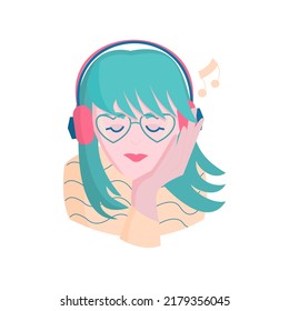 Blue hair woman with heart shape glasses and headphones Portrait of girl Cartoon vector illustration