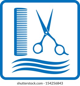 blue hairdresser sign with hair, scissors and comb