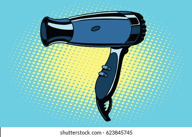 Blue Hairdryer For Drying Hair. Pop Art Retro Vector Illustration