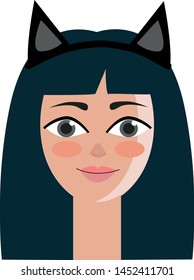 A blue haired girl with big eyes and rosy cheeks wearing a black cat headband, vector, color drawing or illustration. svg