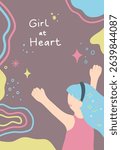 Blue haired girl looking at night sky full of stars with text Girl at Heart Happy Womens day Design Illustration 