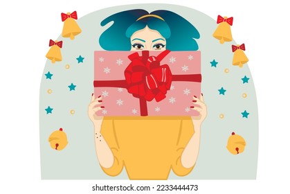 Blue haired Pin-up girl with Christmas box gift illustration