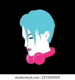 mujer de cabello azul frente al fondo