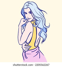 Blue haired woman posing vector for card, illustration, decoration