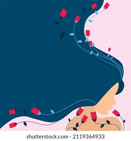 Blue haired women with red flowers Vector Illustration. Creative artwork hand drawing