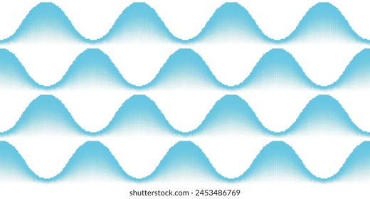 Blue half tone water waves on white background seamless pattern. Computer game flat 16bit bg. Sea or ocean seamless texture. Vector illustration in retro style.