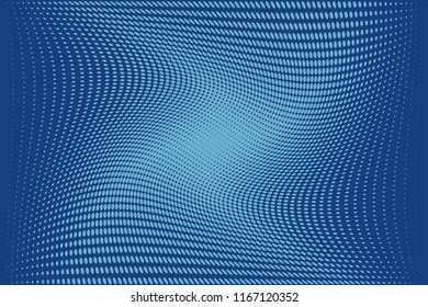 Fondo azul de medio tono. Líneas de puntos dinámicas. Degradado digital. Fondo de onda abstracta con círculos, puntos, puntos. Patrón con puntos. Ilustración de vectores de panel futurista