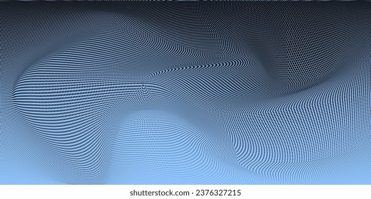 Fondo de medio tono azul con efecto de ilusión. Textura de degradado curvada con puntos negros. Visualización de grandes datos. Virus de pantalla rota. Ilustración vectorial.
