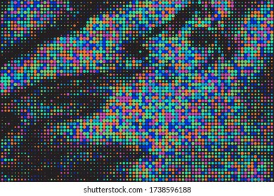 Fondo de semitono azul. Impresión abstracta púrpura. Dolor de puntos amarillos. Patrón De Cómic Rosa. Gradación Geométrica de Índigo. Sucio degradado rojo. Marco de círculo rosado.