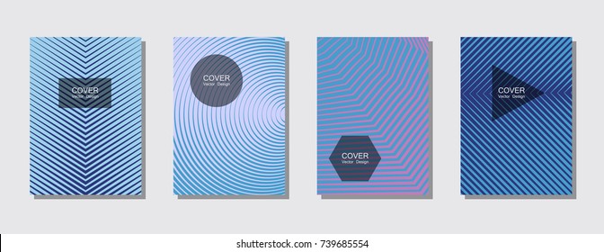 Blue halftone covers vector template with lines. Vector journal design geometric shape background set, halftone lines hipster pattern abstract business covers collection.