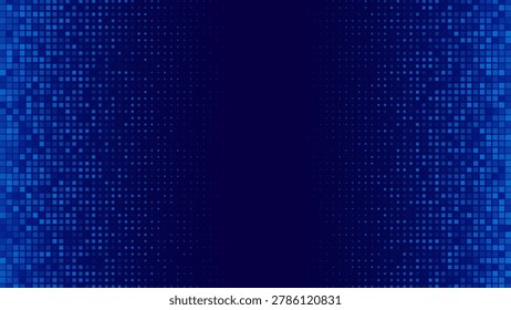 Blue halftone digital background. Blue square halftone pattern with gradient transition. Pixelated background composed of evenly spaced squares. Abstract vector illustration.