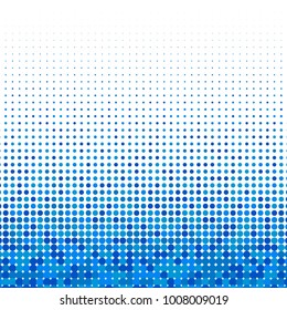 Blue halftone dots. Colorful geometric gradient for pop art designs. Geometric vintage monochrome fade wallpaper. Pop art print. Dotted geometric retro pattern. Comic halftone background.