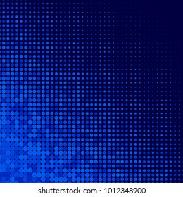 Blue halftone dots. Colorful geometric gradient for pop art designs. Geometric vintage monochrome fade wallpaper. Pop art print. Dotted geometric retro pattern. Comic halftone background.