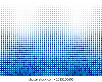 Blue halftone dots. Colorful geometric gradient for pop art designs. Geometric vintage monochrome fade wallpaper. Pop art print. Dotted geometric retro pattern. Comic halftone background.