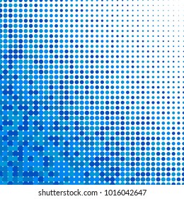 Blue halftone dots. Colorful geometric gradient for pop art designs. Geometric vintage monochrome fade wallpaper. Pop art print. Dotted geometric retro pattern. Comic halftone background.