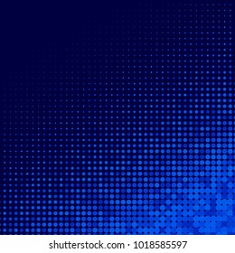 Blue halftone dots. Colorful geometric gradient for pop art designs. Geometric vintage monochrome fade wallpaper. Pop art print. Dotted geometric retro pattern. Comic halftone background.
