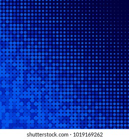 Blue halftone dots. Colorful geometric gradient for pop art designs. Geometric vintage monochrome fade wallpaper. Pop art print. Dotted geometric retro pattern. Comic halftone background.