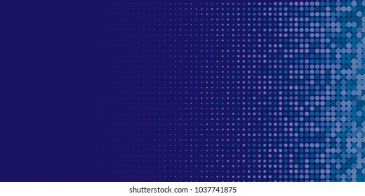 Blue halftone dots. Colorful geometric gradient for pop art designs. Geometric vintage monochrome fade wallpaper. Pop art print. Dotted geometric retro pattern. Comic halftone background.