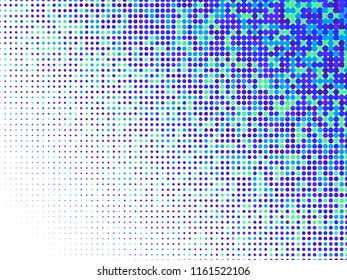 Blue halftone dots. Colorful geometric gradient for pop art designs. Geometric vintage monochrome fade wallpaper. Pop art print. Dotted geometric retro pattern. Comic halftone background.