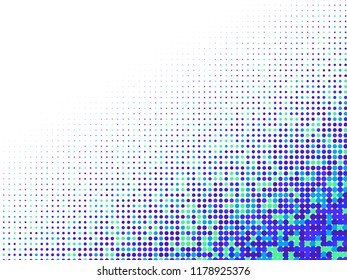 Blue halftone dots. Colorful geometric gradient for pop art designs. Geometric vintage monochrome fade wallpaper. Pop art print. Dotted geometric retro pattern. Comic halftone background.