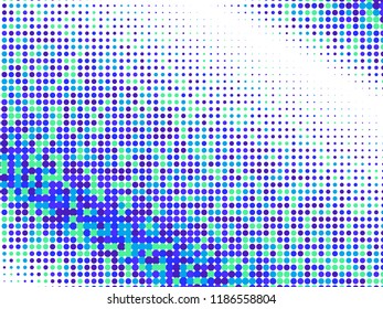 Blue halftone dots. Colorful geometric gradient for pop art designs. Geometric vintage monochrome fade wallpaper. Pop art print. Dotted geometric retro pattern. Comic halftone background.