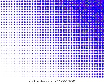 Blue halftone dots. Colorful geometric gradient for pop art designs. Geometric vintage monochrome fade wallpaper. Pop art print. Dotted geometric retro pattern. Comic halftone background.