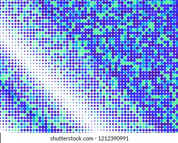 Blue halftone dots. Colorful geometric gradient for pop art designs. Geometric vintage monochrome fade wallpaper. Pop art print. Dotted geometric retro pattern. Comic halftone background.