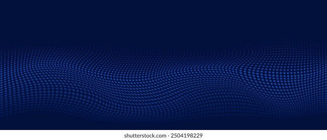Blue halftone dots wave particles on dark background. Dotted pattern template. Modern solid color dot texture. Horizontal arrangement. Cool abstract simple wallpaper. Future technology system.