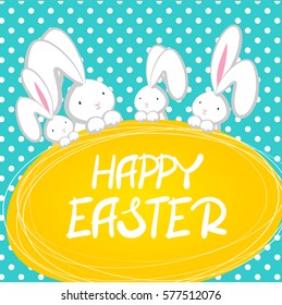 Blue halftone Easter background. Vector festive hand drawn illustration. Comic bubble, empty balloon. Four white cute rabbit with big ears pink nose, congratulates Happy Easter.