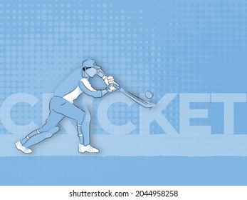 Blue Halftone Effect Background With Cartoon Batsman Player In Playing Pose.