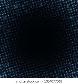 Blue halftone effect on a dark background. Abstract background. Blue glitters. Blue lights. Electric shiny particles. Template for greeting card. Vector illustration. EPS 10.
