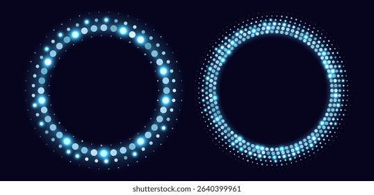 Blue halftone frames, glowing circle borders, round pattern with dots, radial disco luxury design element.