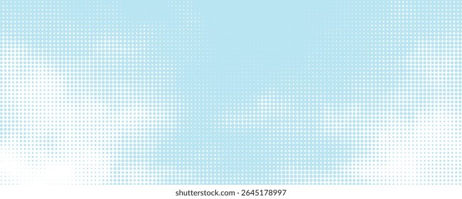 Blue halftone gradient pattern. Retro comic book background with white clouds against blue sky. Vector illustration.

