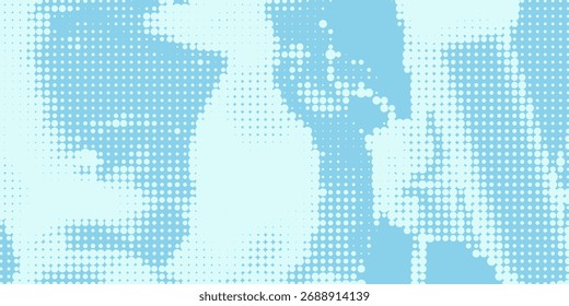 Blue halftone gradient pattern. Retro comic book background with white clouds against blue sky. Vector illustration.
