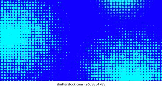 Blue halftone pattern. Blue background with circular dots mix combination. Bright blue pixel dotted texture overlay. Cartoon pop art faded gradient pattern