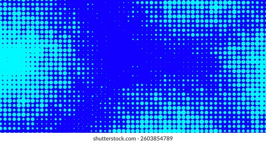 Blue halftone pattern. Blue background with circular dots mix combination. Bright blue pixel dotted texture overlay. Cartoon pop art faded gradient pattern