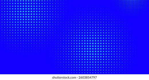 Blue halftone pattern. Blue background with circular dots mix combination. Bright blue pixel dotted texture overlay. Cartoon pop art faded gradient pattern