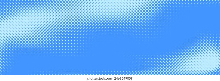 Blue halftone pattern. Retro comic gradient background. Bright pixelated dotted texture overlay. Cartoon pop art faded gradient pattern. Vector backdrop for poster, banner, advertisement