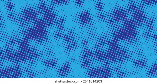 blue halftone pattern. Retro comic gradient background. Bright blue pixelated dotted texture overlay. Cartoon pop art faded gradient pattern. Vector backdrop for poster, banner, advertisement