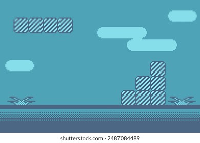 Blue Halftone Platformer Stage Mockup Background, Pixel Art Style Illustration