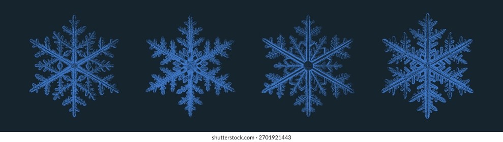 Blaue Halbton Schneeflocken im Stippleffekt. Winterelemente mit Fotokopiertextur, perfekt für Weihnachtsdesigns, Weihnachtskarten, Mixed Media Collagen oder Retro Digital Art.