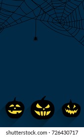 Blue halloween background with black pumpkin faces and spiderweb. Vector illustration.