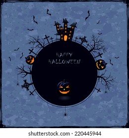 Blue Halloween background with castle, cemetery and pumpkins, illustration.