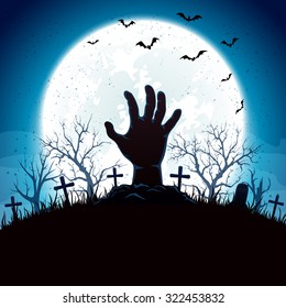 Blue Halloween background with hand on cemetery and Moon, illustration.