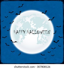 Blue Halloween background with Moon and bats, illustration.